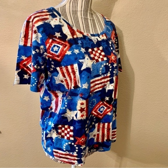 Collections Etc Tee Large Red White Blue Taupe 100% Cotton Sequins Short Slvs - Picture 4 of 13